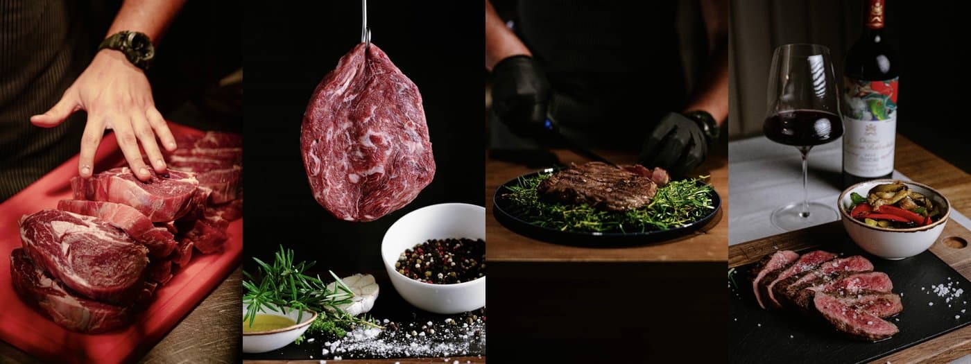 Four frames from the Don Quijote kitchen — cuts on the board, dry-aged beef on the hook, ribeye carved on rosemary, sliced steak with red wine