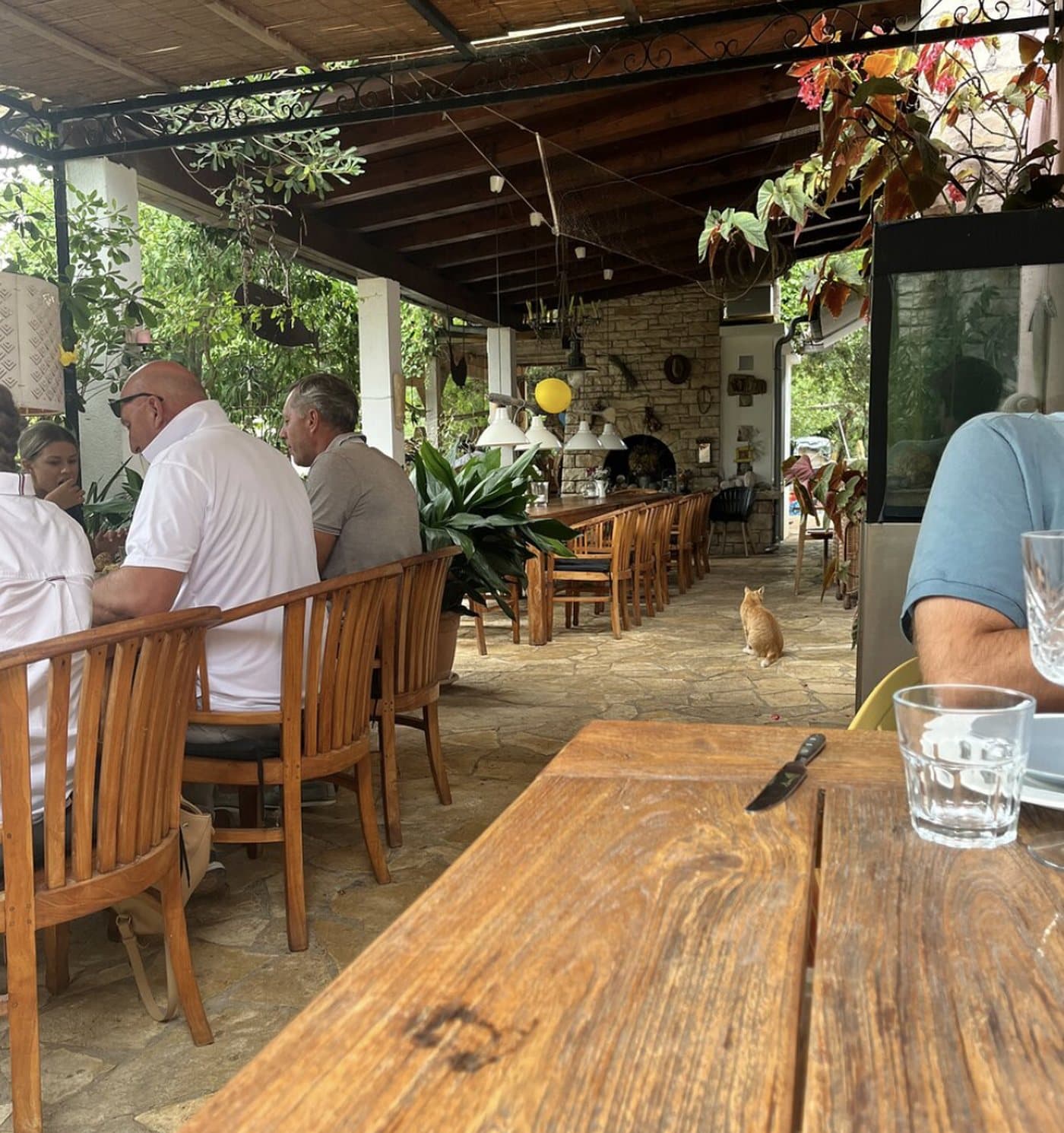 The garden terrace of The Fisherman's House in Vlaka — long wooden tables under the pergola